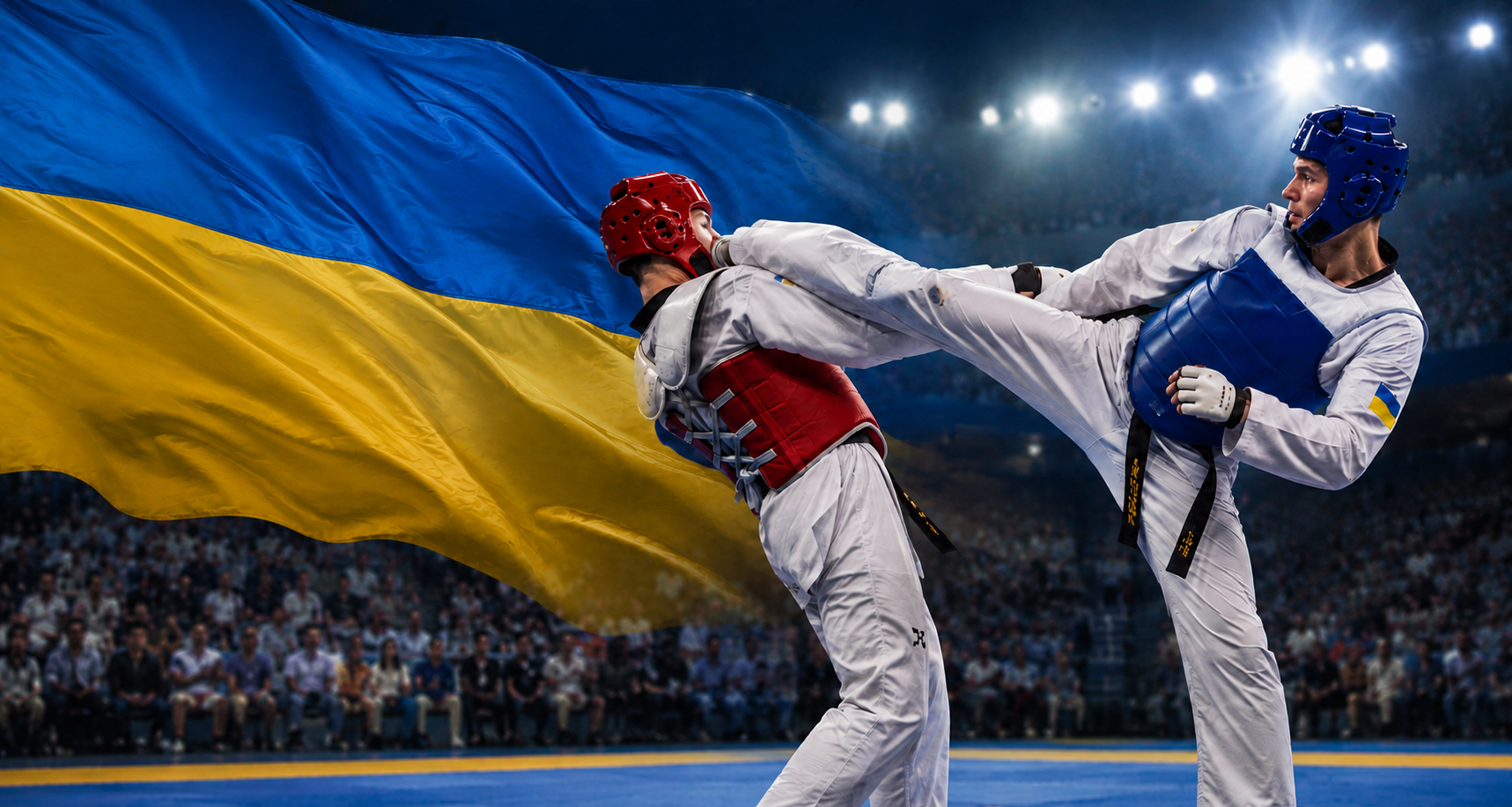 Змагання з тхеквондо на тлі прапора України - спортсмен наносить удар ногою