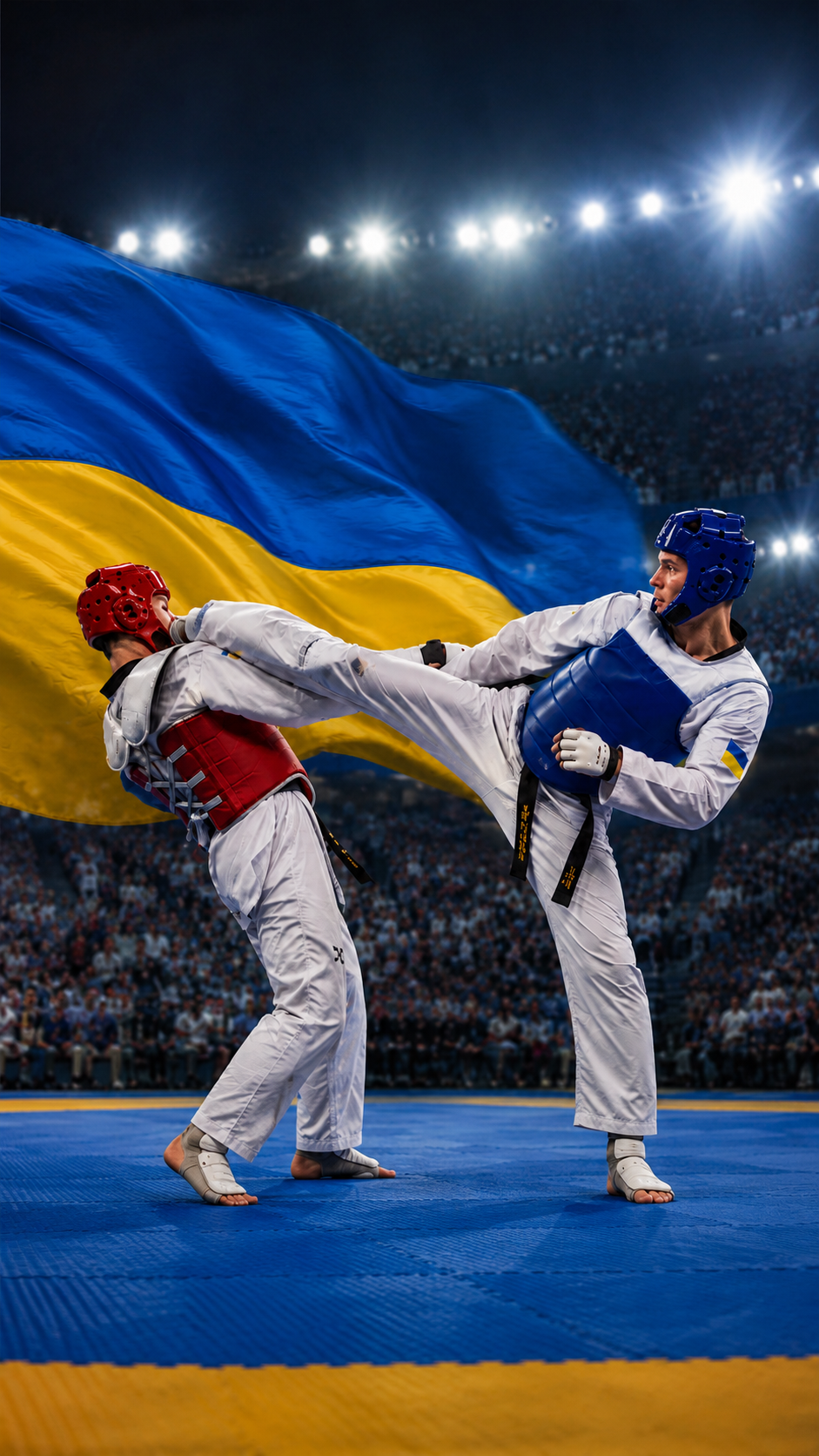 Змагання з тхеквондо на тлі прапора України - двоє спортсменів на синьому татамі